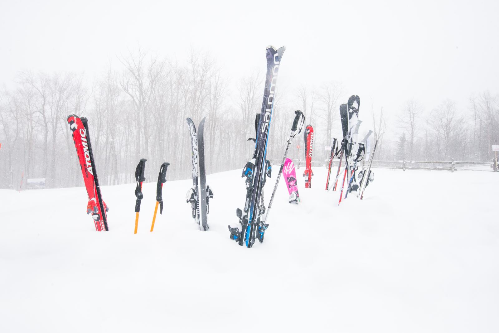 Skis standing upright in snow on a foggy winter day.