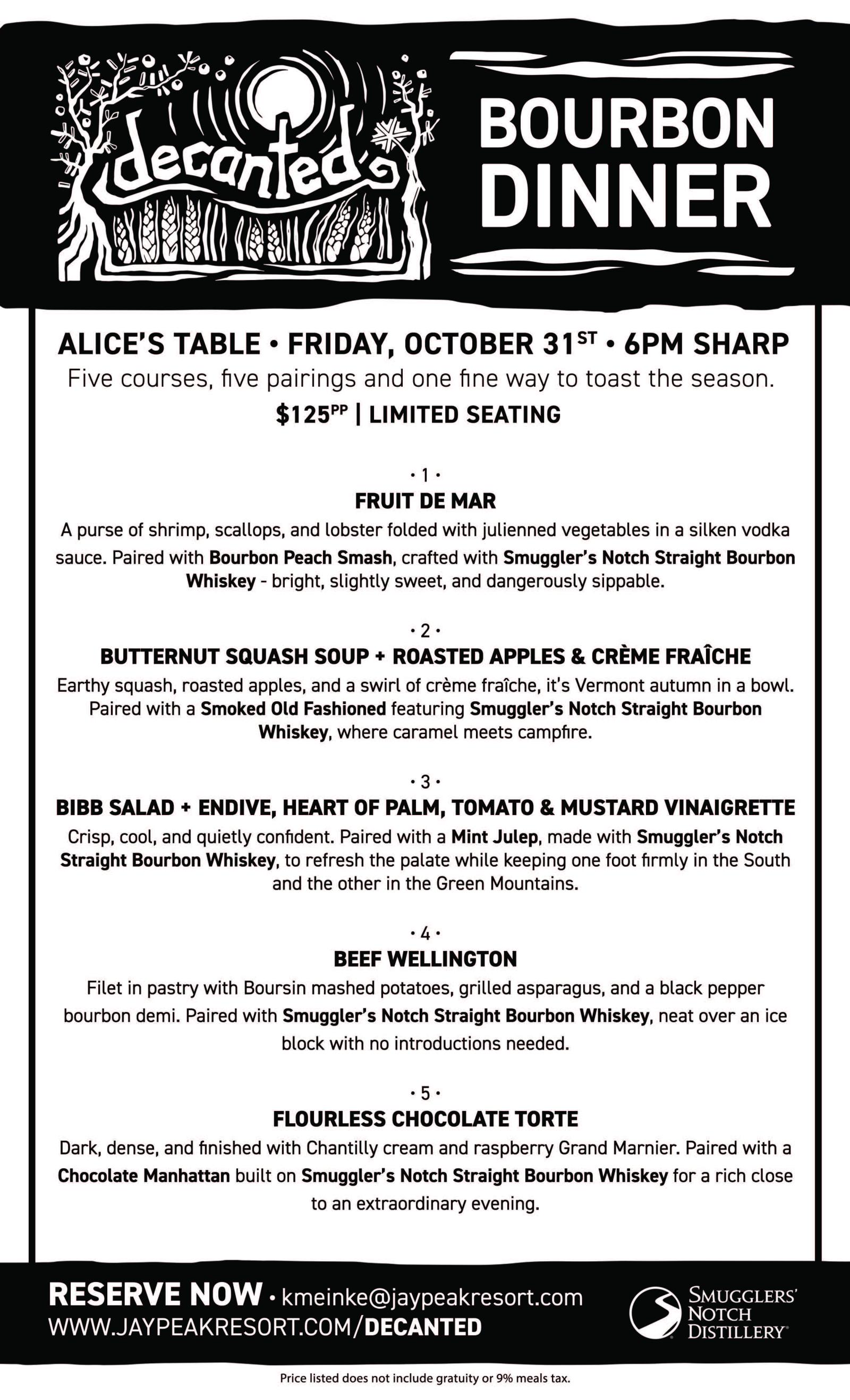 Bourbon dinner event menu, including fruit de mar and New York strip steak.