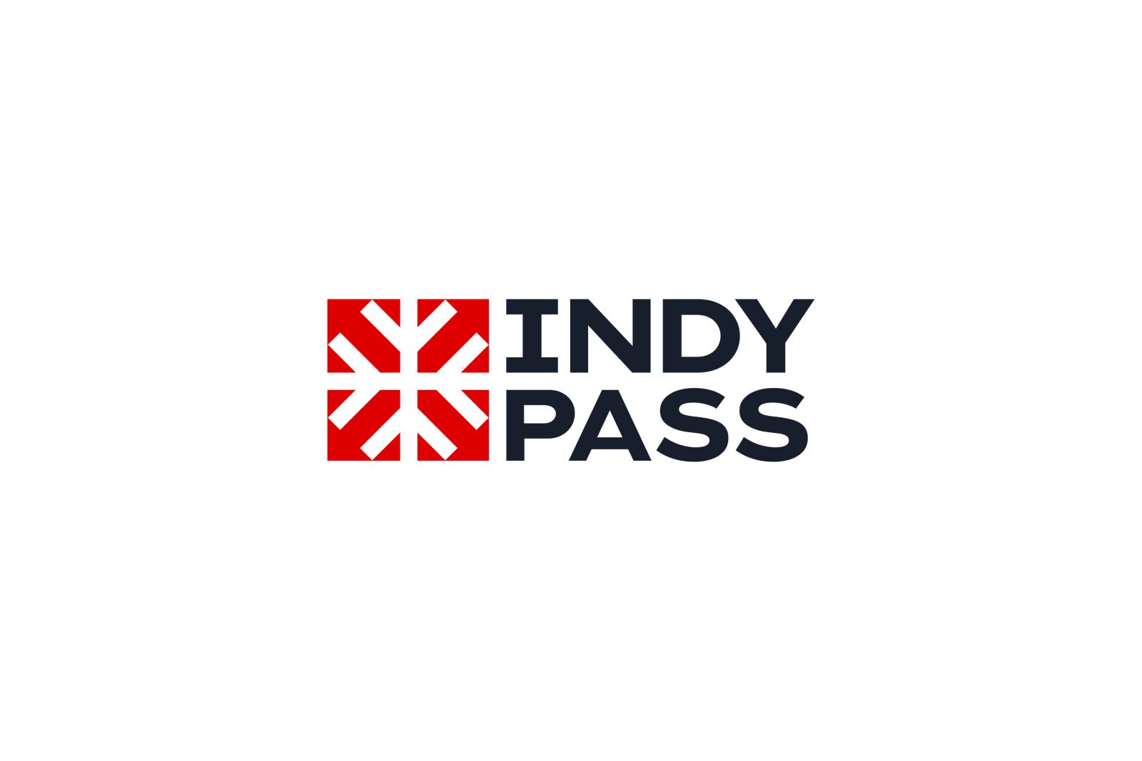 Indy Pass logo with red geometric design.