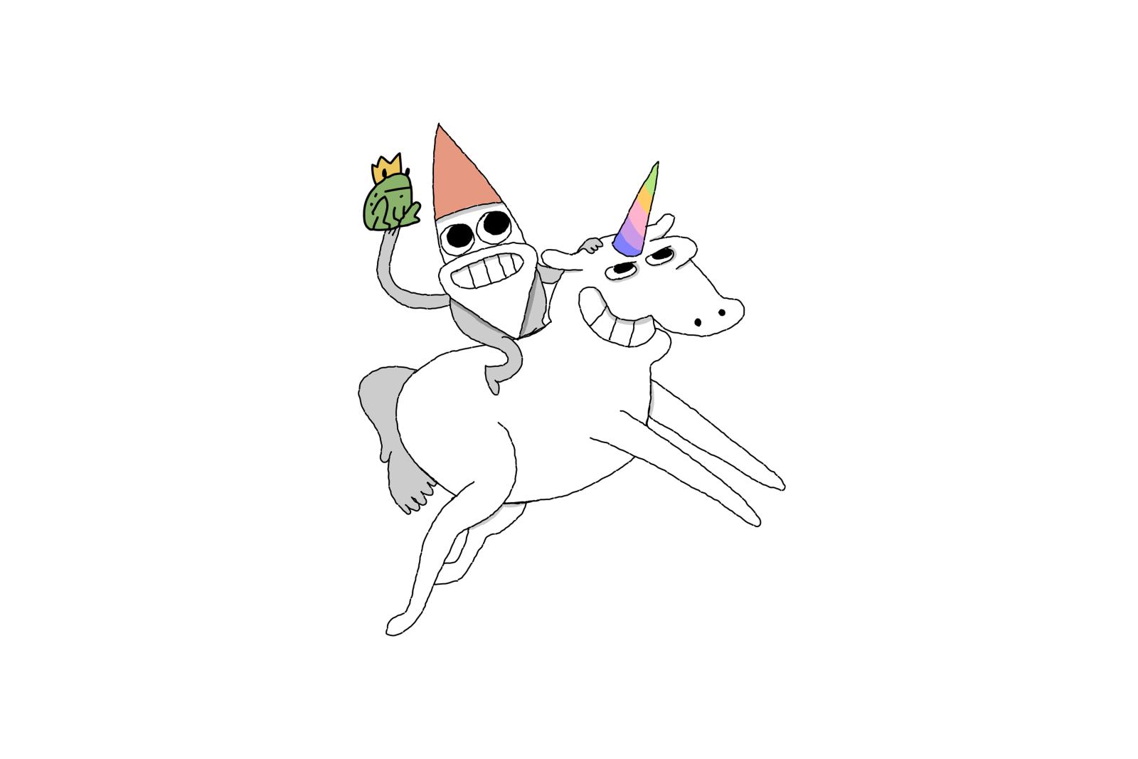 Cheerful figure riding a unicorn with a rainbow horn, holding a frog.